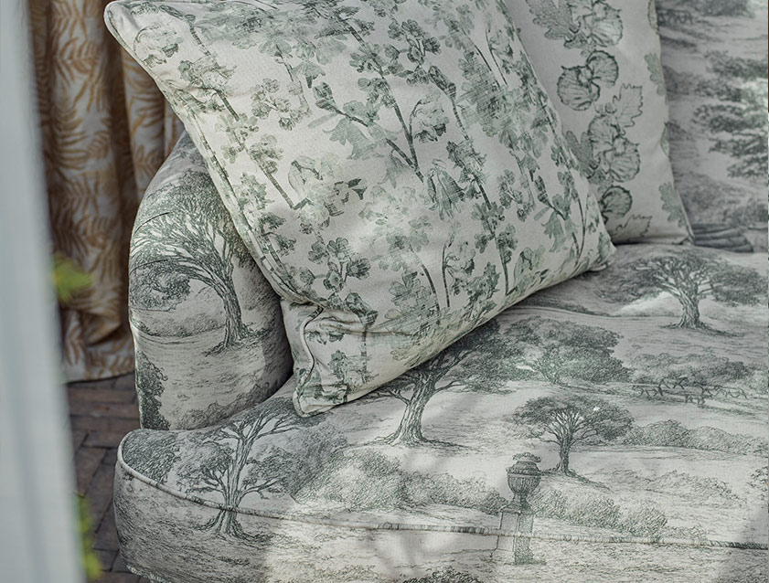 Helmsley 3 seater sofa in Woodland Toile Forest Green scatter in Woodland Flora Forest Green detail